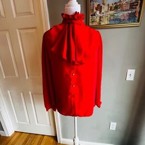 Vintage Red High Ruffle Collar Long Sleeve Button Back Blouse Romantic 10